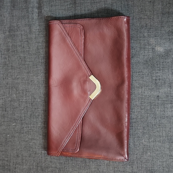 Vintage Leather Oxblood Multiple Compartment Envelope Clutch Bag Purse - Picture 1 of 7